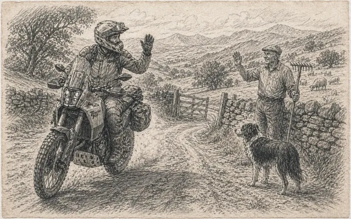 Pencil sketch of an adventure rider on a Yamaha Tenere 700 waving to a local farmer