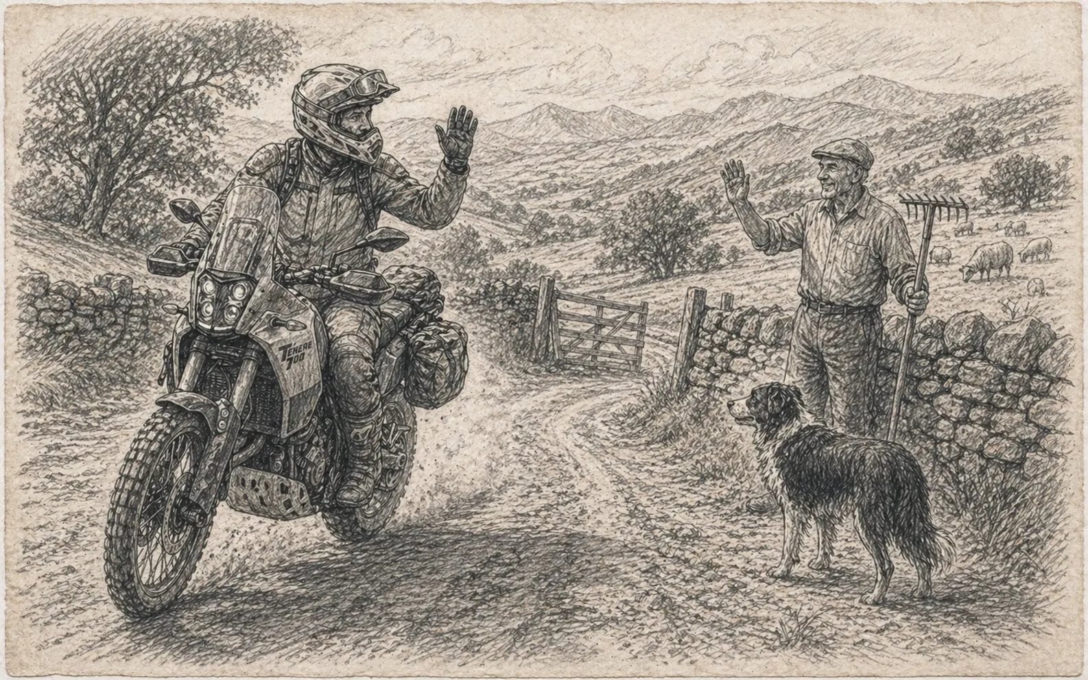 Pencil sketch of an adventure rider on a Yamaha Tenere 700 waving to a local farmer
