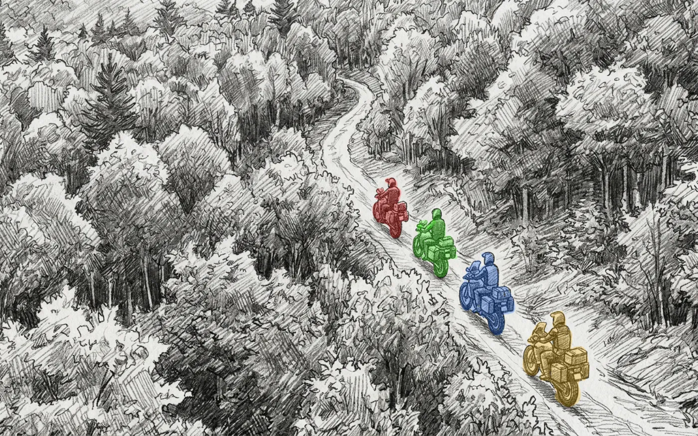 Group of adventure riders on a forest trail