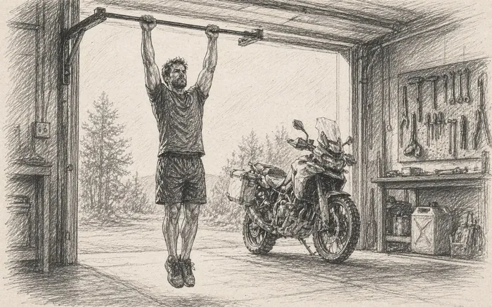 Pencil sketch of an adventure rider doing off-bike training