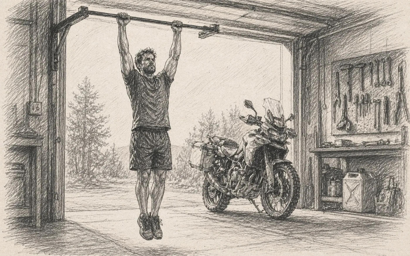 Pencil sketch of an adventure rider doing off-bike training