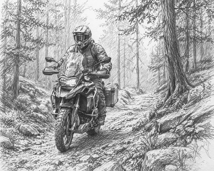 Motorcycle rider on a forest trail