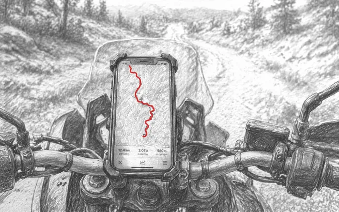 Phone mounted on motorcycle showing GPX track