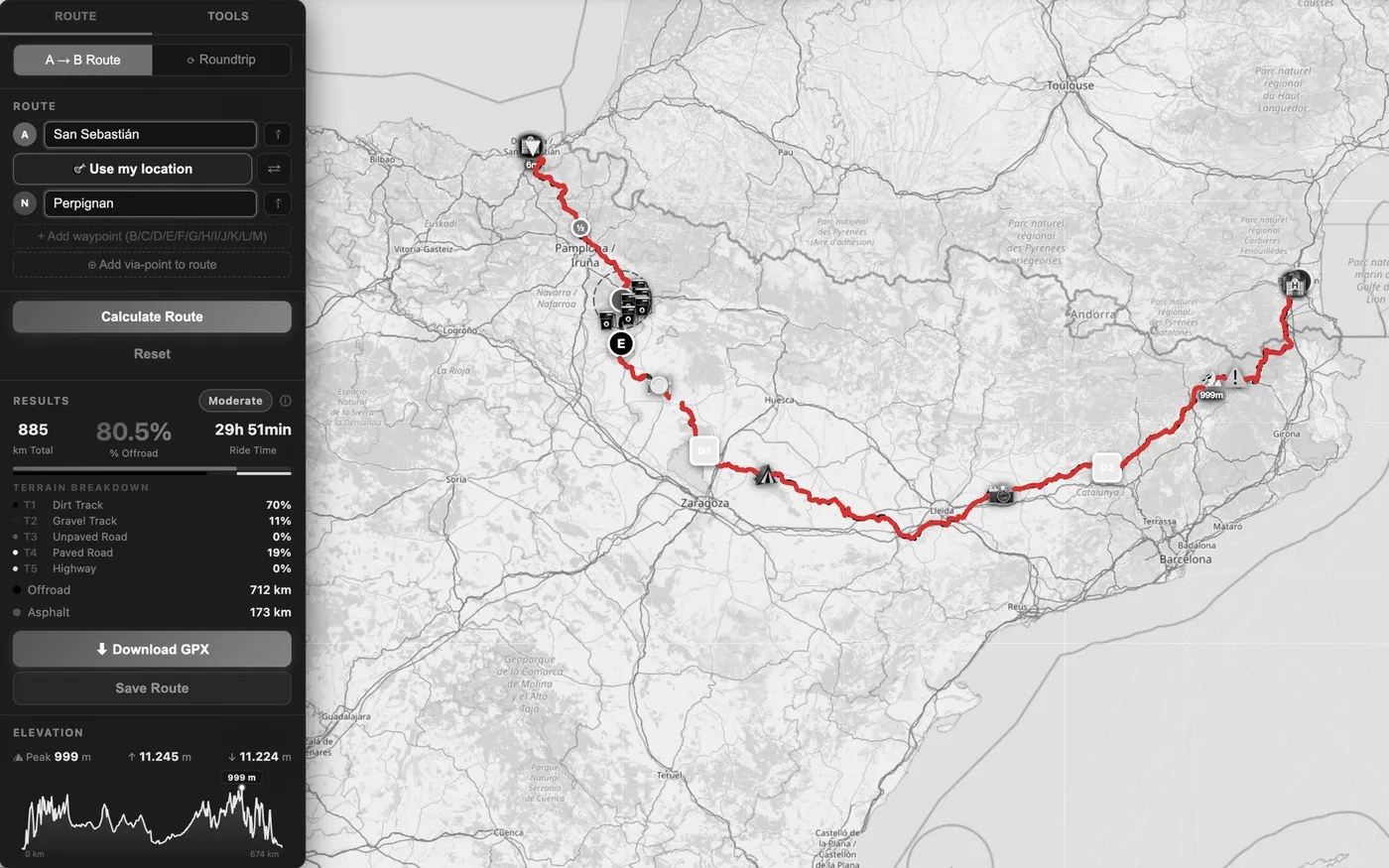 GoraAdv route planner showing multi-day offroad trip