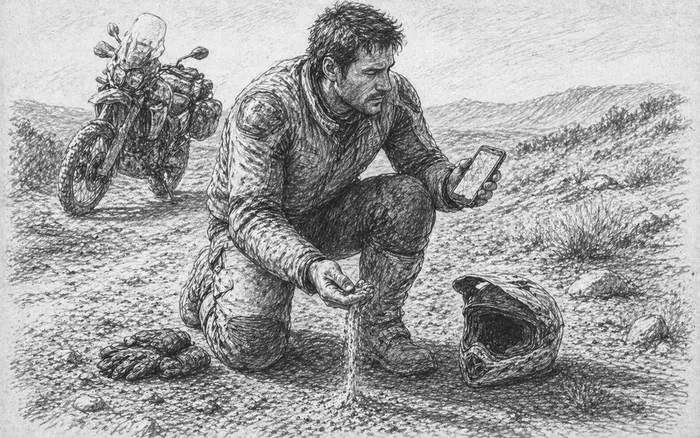 Pencil sketch of a kneeling rider examining the trail surface