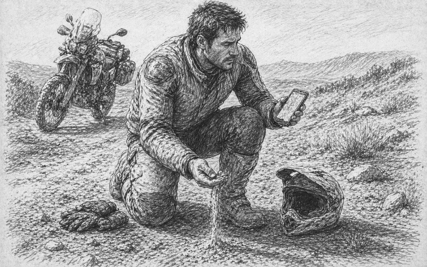 Pencil sketch of a kneeling rider examining the trail surface
