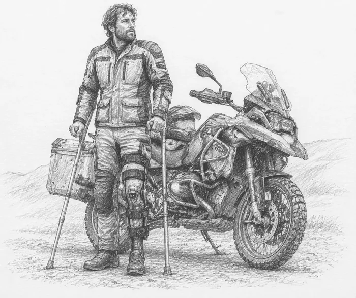 Injured adventure rider with crutches next to motorcycle