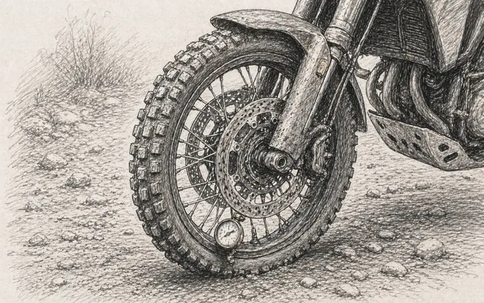 Pencil sketch of a knobby tire and pressure gauge