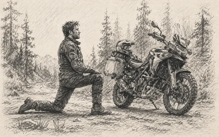 Adventure rider at a washed-out trail deciding whether to turn around