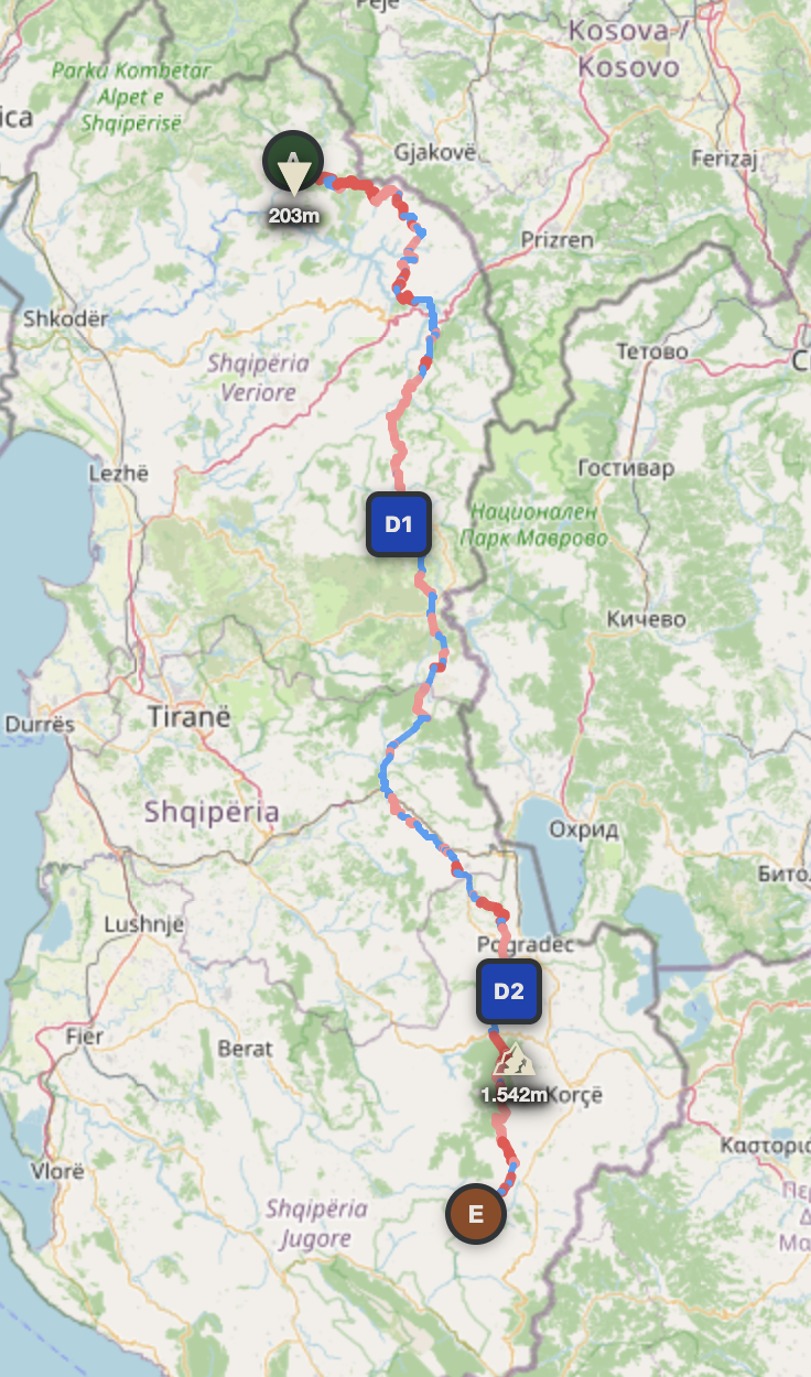 Albania north to south 3-day route map — Bajram Curri through the Albanian Alps to Lençkë