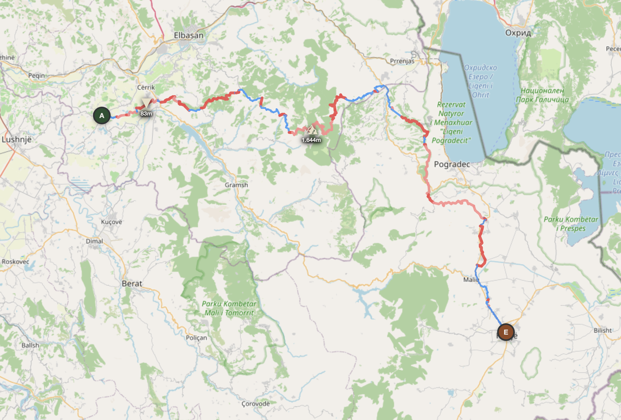 Albania central highlands route map — Bashkia Belsh to Korçë
