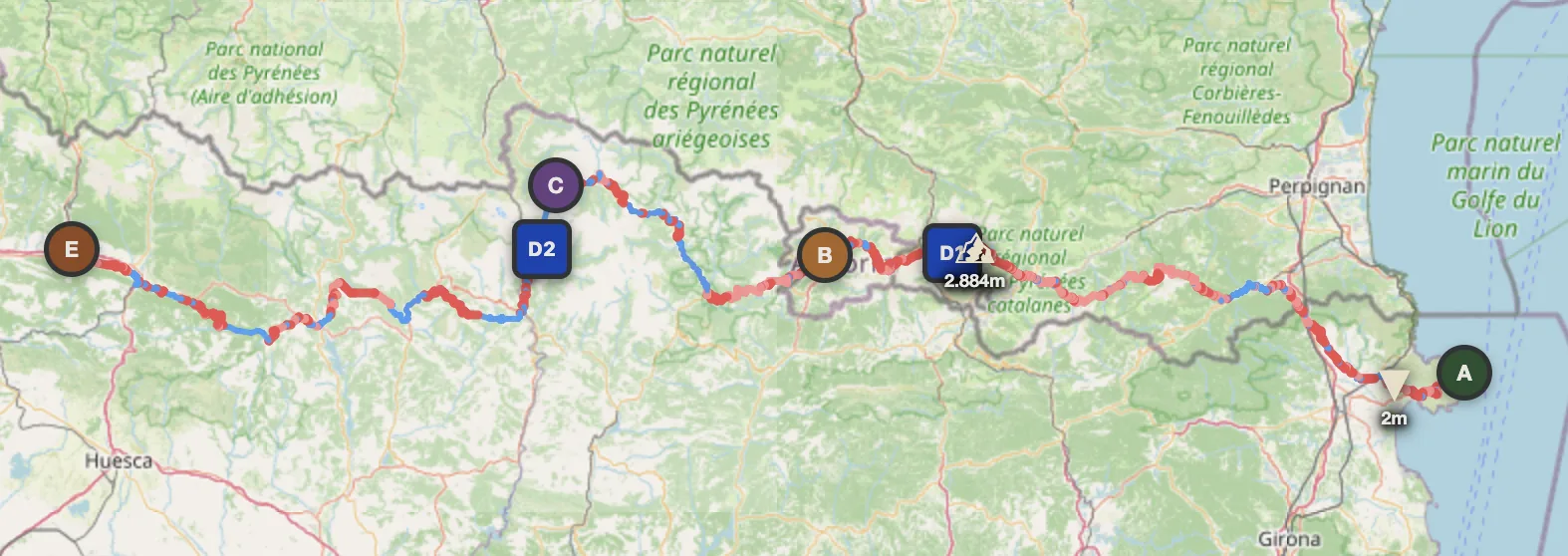 Pyrenees 3-day route map — Cadaqués to Jaca through Andorra