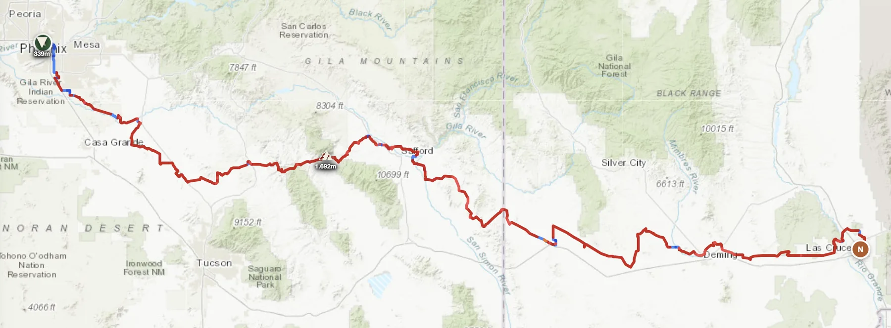 Arizona offroad route map — Phoenix to Las Cruces across the Sonoran Desert, Gila Mountains and sky-island country
