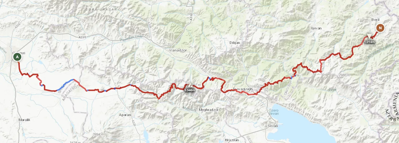 Armenia west-to-east route map — Akhuryan border to Verin Karmiraghpyur across the central plateau north of Yerevan and Lake Sevan