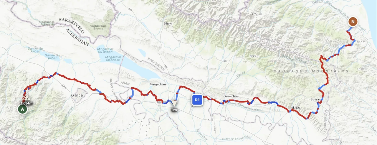 Azerbaijan west-to-east route map — Gadabay near the Armenian border to Shabran on the Caspian coast, tracking the southern flank of the Greater Caucasus