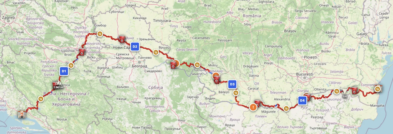 Adriatic to Black Sea 6-day Balkans offroad motorcycle route map — Bosnia to Romania via Serbia