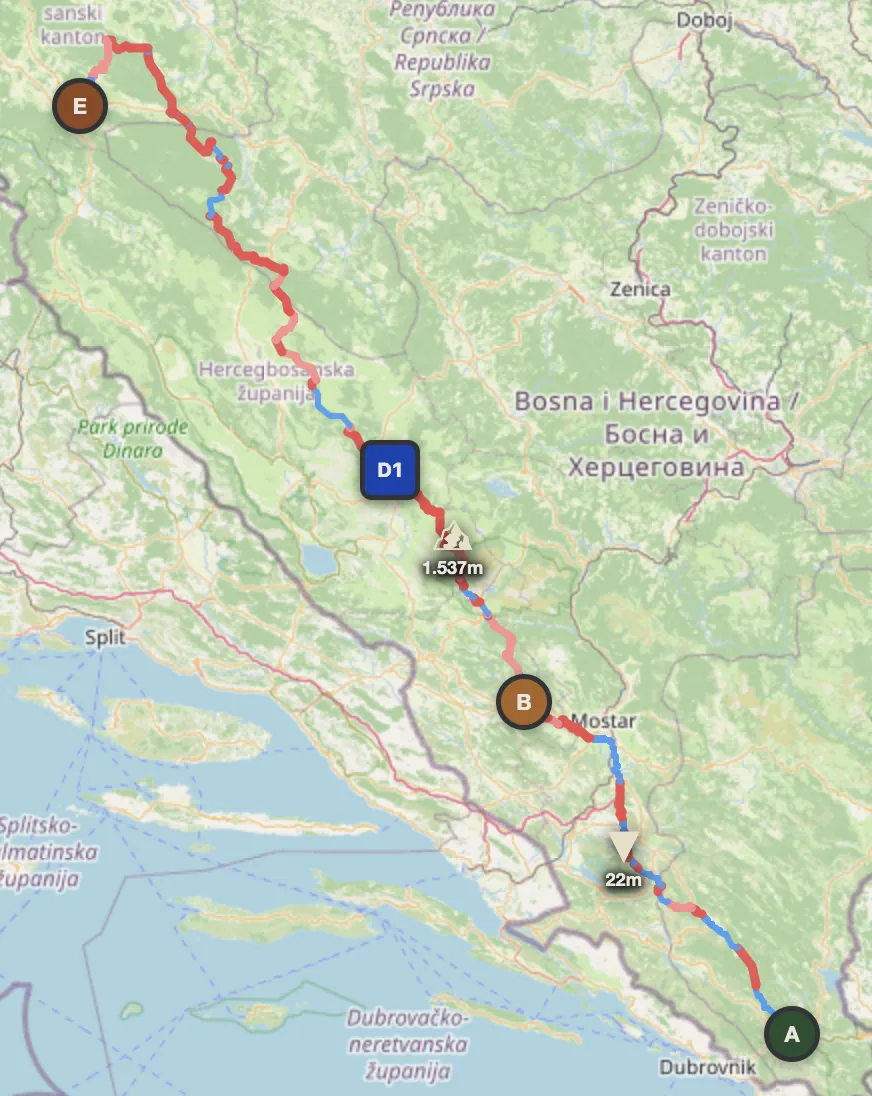 Bosnia 2-day offroad route map — Trebinje to Bosanski Petrovac through Herzegovina and the Dinaric spine