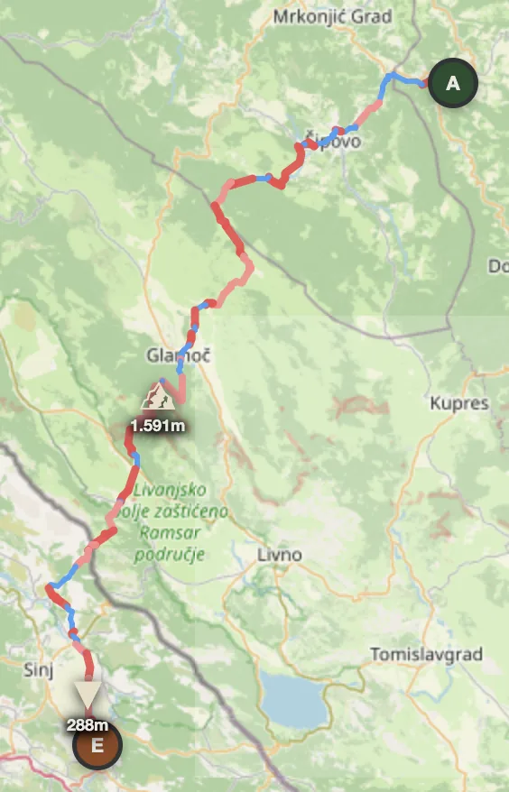Bosnia offroad route map — Jajce to Grad Trilj through the Dinaric Alps