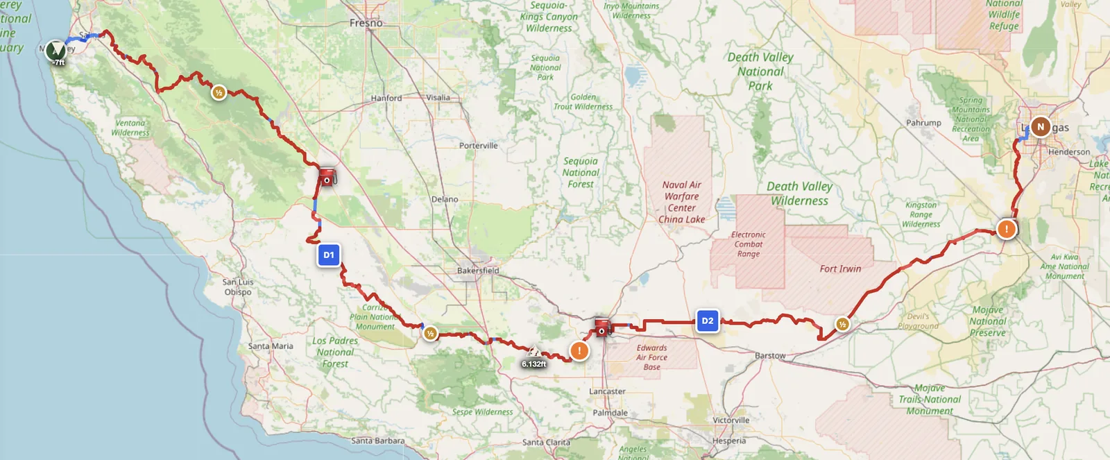 Pacific to Desert 3-day California-Nevada offroad motorcycle route map — Monterey to Las Vegas via Sierra Nevada and Mojave
