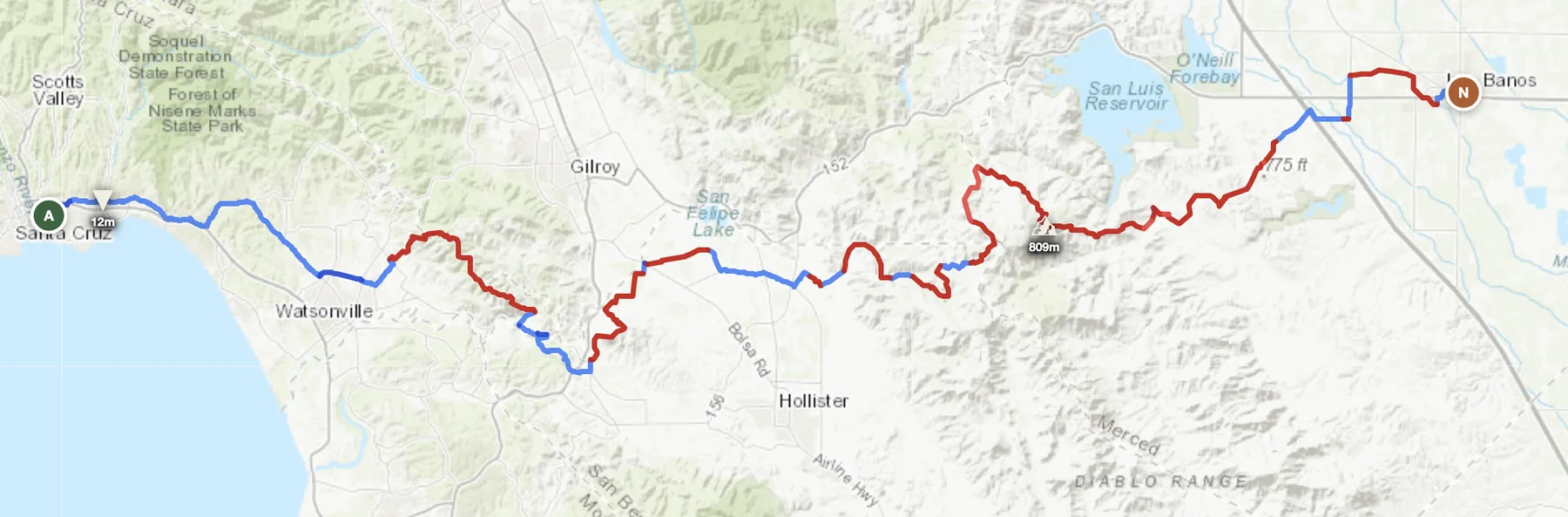California offroad route map — Santa Cruz to Los Banos across the Santa Cruz Mountains and the Diablo Range