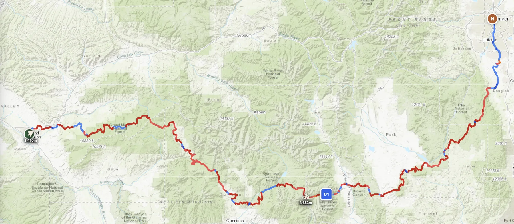 Colorado offroad motorcycle route map — Grand Junction to Denver across the central Rockies