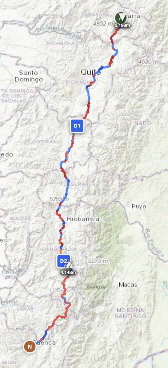 Ecuador north-to-south route map — Ibarra near the Colombian border to Cuenca via Quito and Riobamba on the Avenue of the Volcanoes