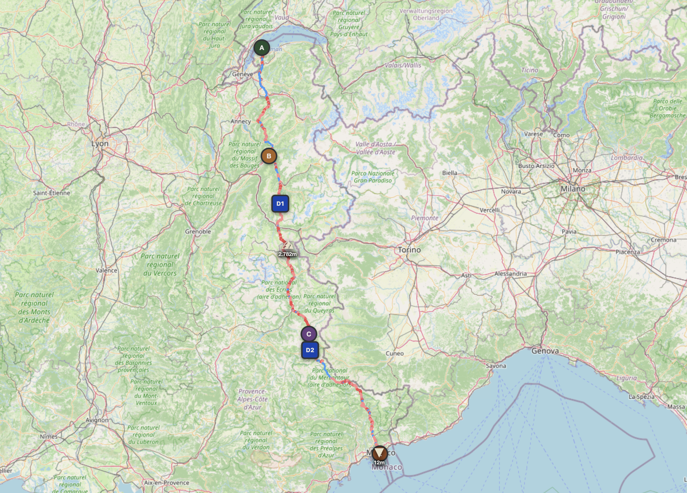 French Alps to Monaco 3-day route map — Yvoire to Cap-d'Ail