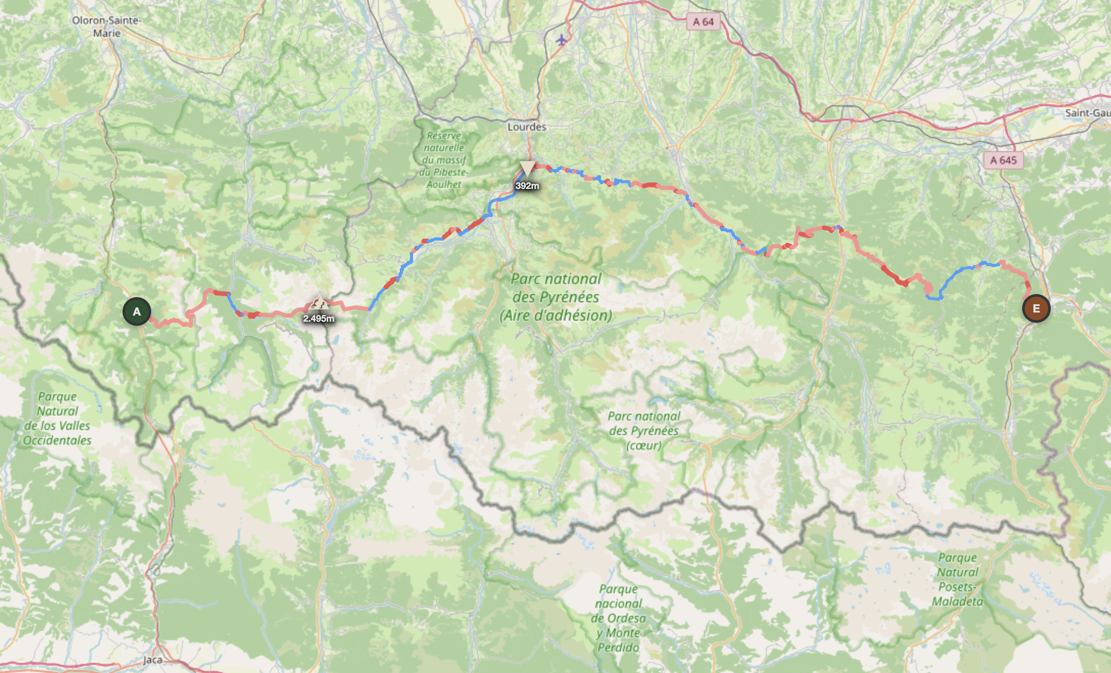 Pyrénées traverse route map — Etsaut to Cierp-Gaud