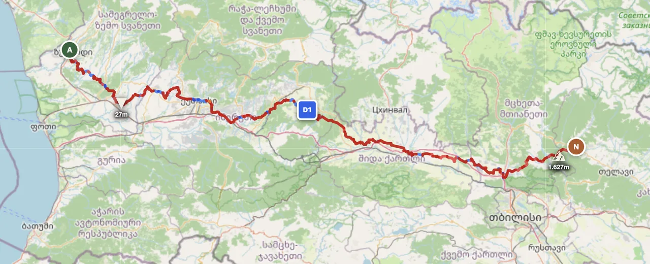 Georgia west-to-east route map — Zugdidi on the Black Sea side to Akhmeta in Kakheti, traversing the southern Caucasus foothills