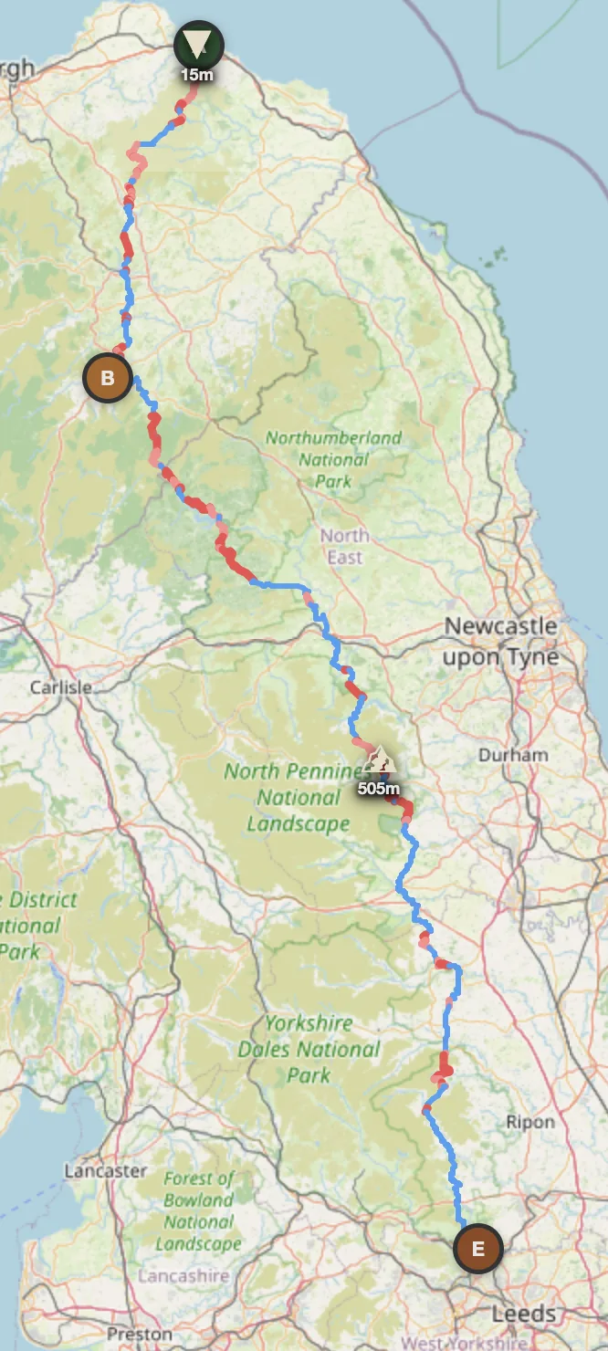 Great Britain 2-day offroad route map — Dunbar to Leeds through North Pennines