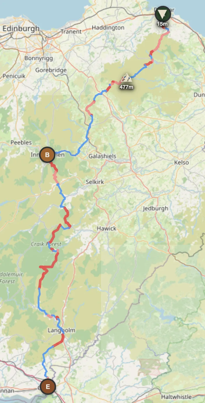 Great Britain offroad route map — Dunbar to Gretna through the Scottish Borders