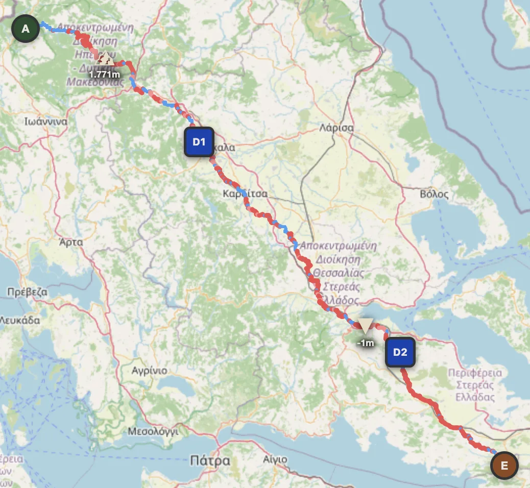 Greece 3-day offroad route map — Kastoria to Erythres through Epirus, Thessaly and Sterea Ellada