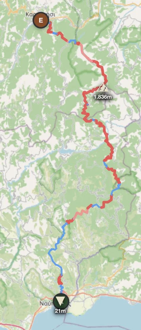 Greece offroad route map — Nafpaktos to Karpenisi through the Agrafa mountains