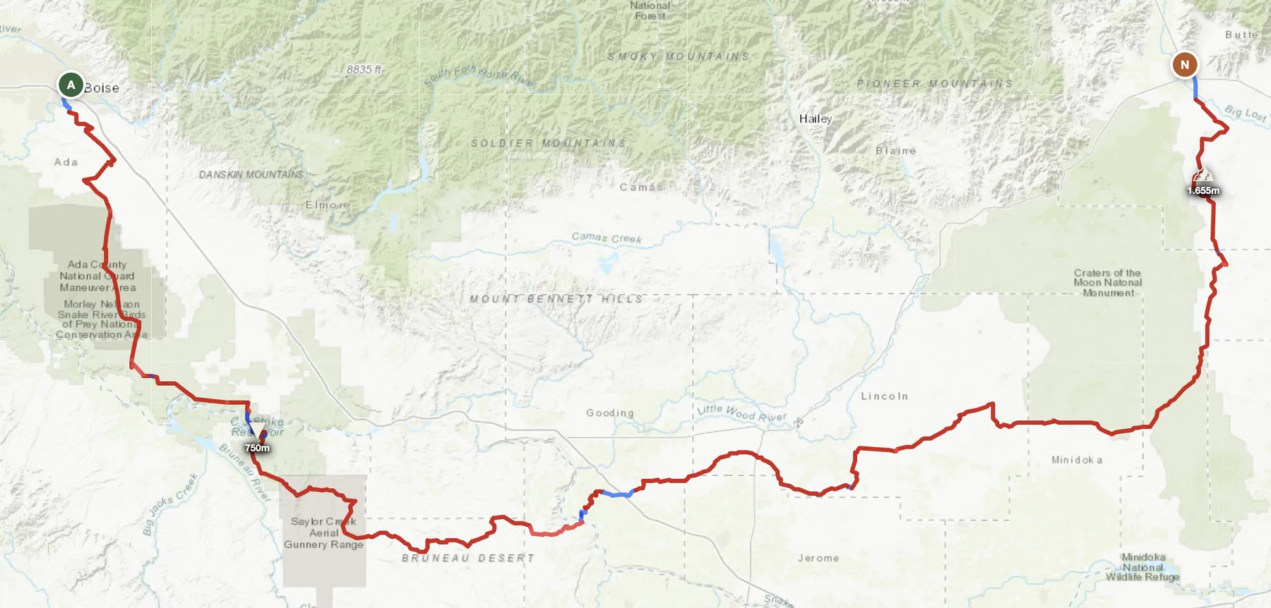 Idaho offroad route map — Boise to Arco across the Owyhee desert and the Snake River Plain to Craters of the Moon