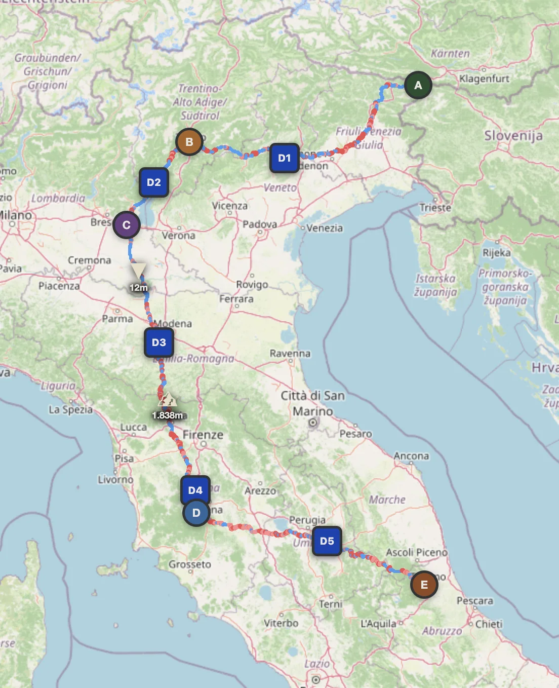 Italy 6-day offroad route map — Tarvisio to Piano Grande, full north-south traverse