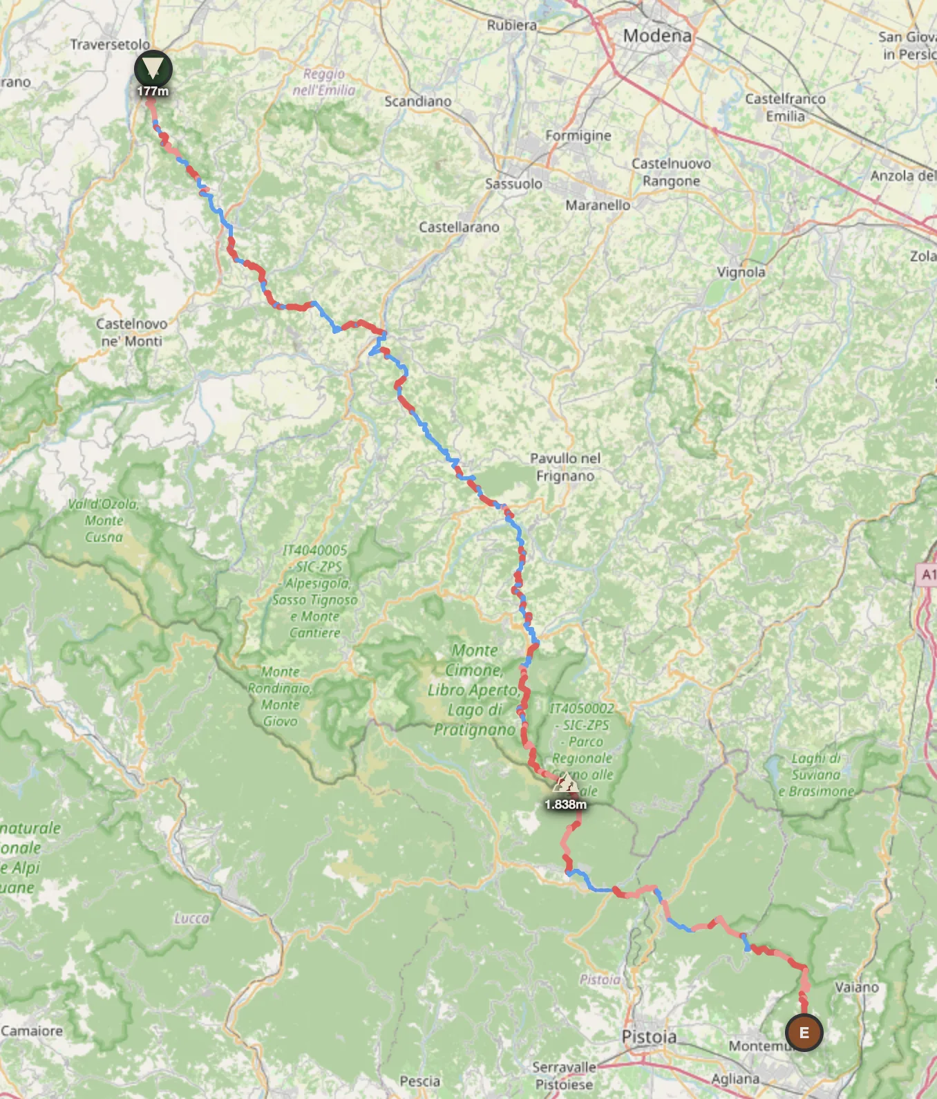 Italy offroad route map — San Polo d'Enza to Montemurlo over the Apennines