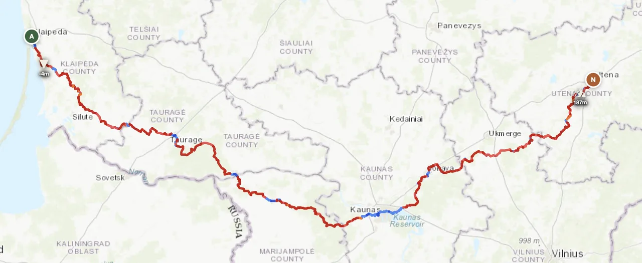 Lithuania west-to-east route map — Klaipėda on the Baltic coast to Utena in the northeastern lake district, traversing the country end to end on dirt