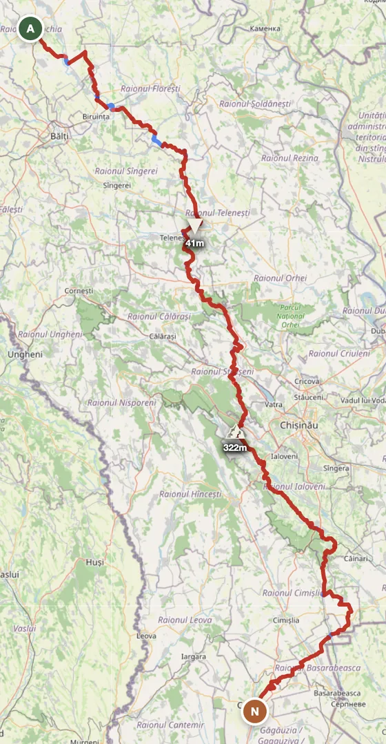 Moldova north-to-south route map — Drochia near the Ukrainian border to Comrat in Gagauzia, traversing the country end to end on agricultural and forest tracks