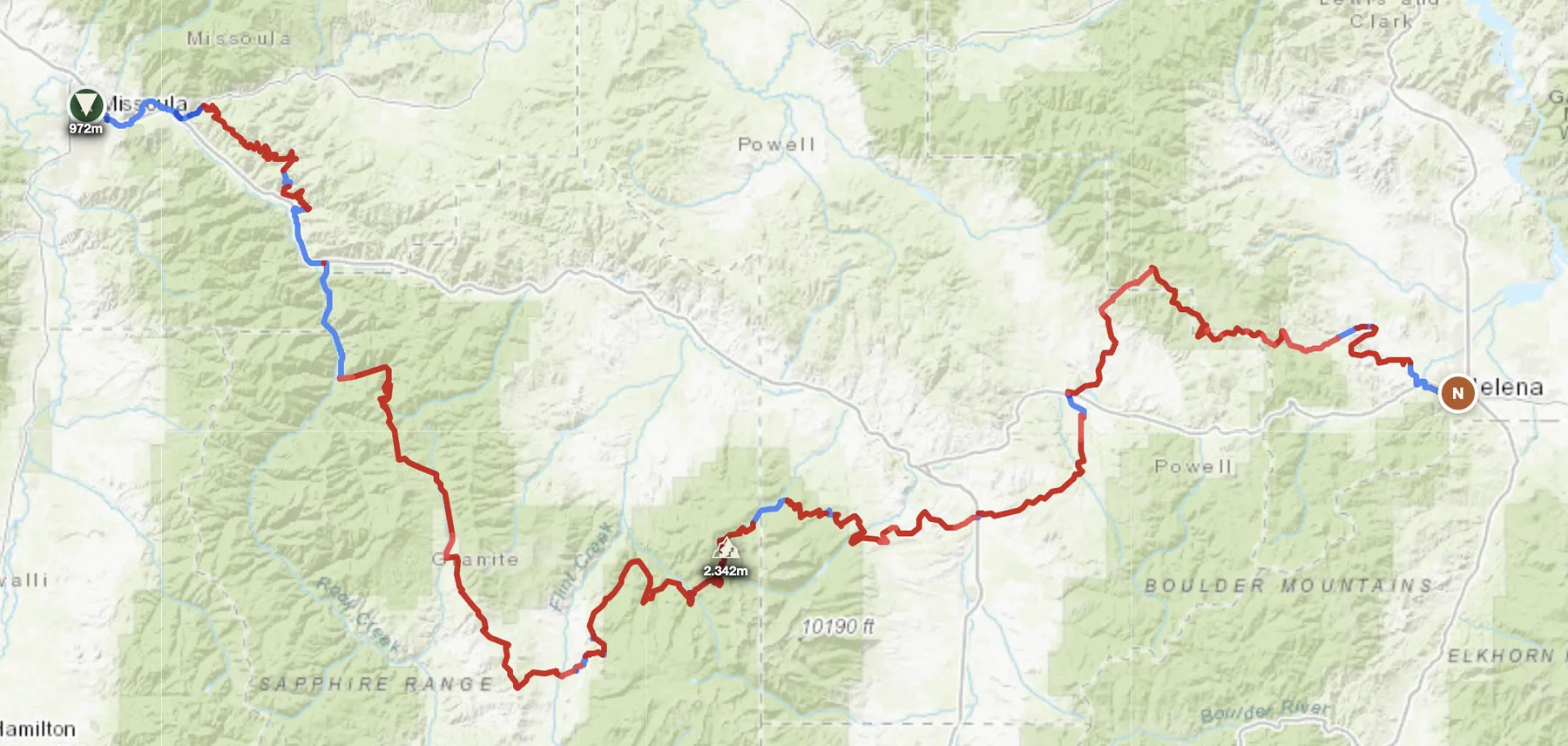 Montana offroad route map — Missoula to Helena across the Garnet Range and Lolo National Forest