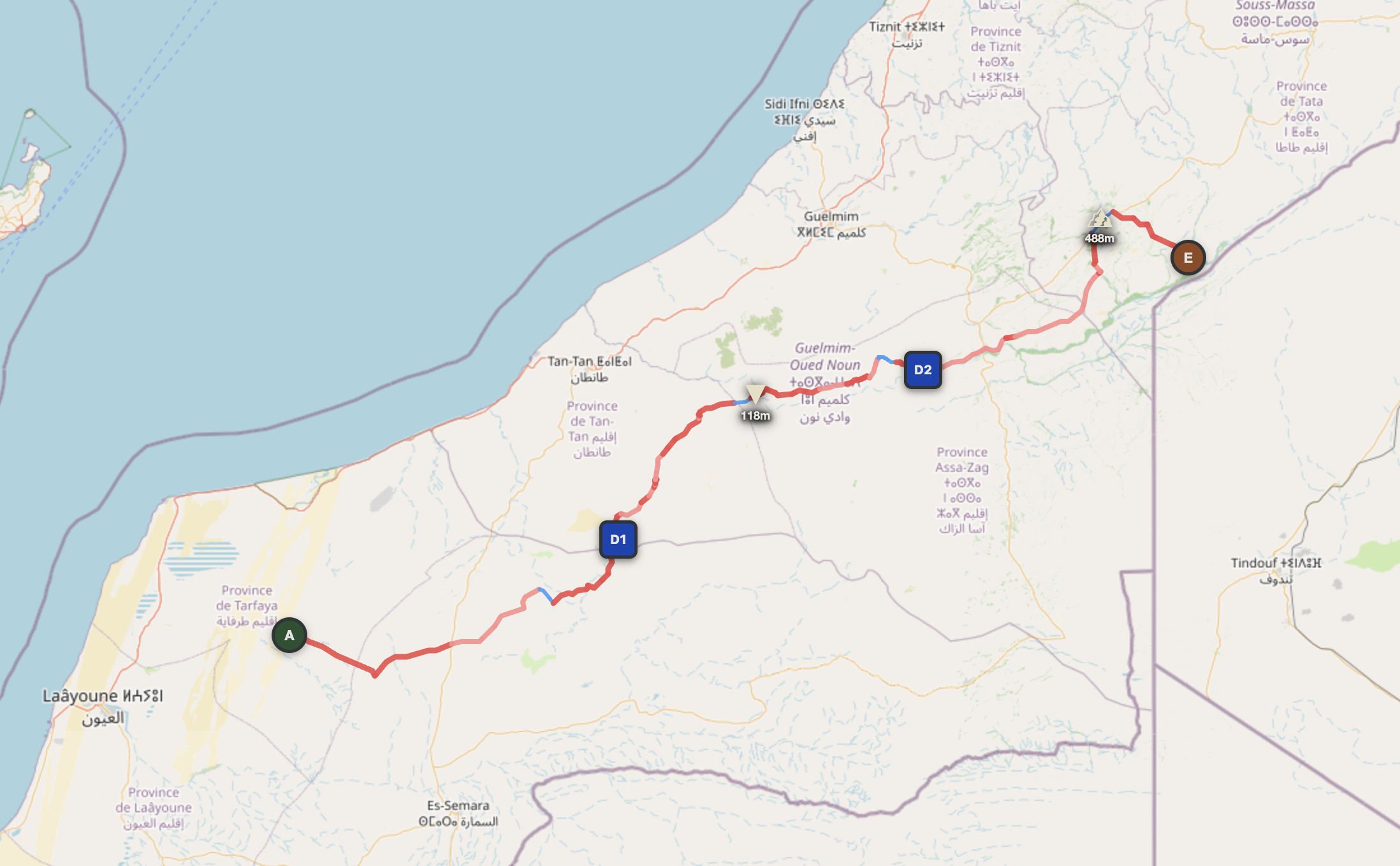 Southern Morocco 3-day piste route map — Caïdat d'El Haounia to Tizounine along the Saharan edge
