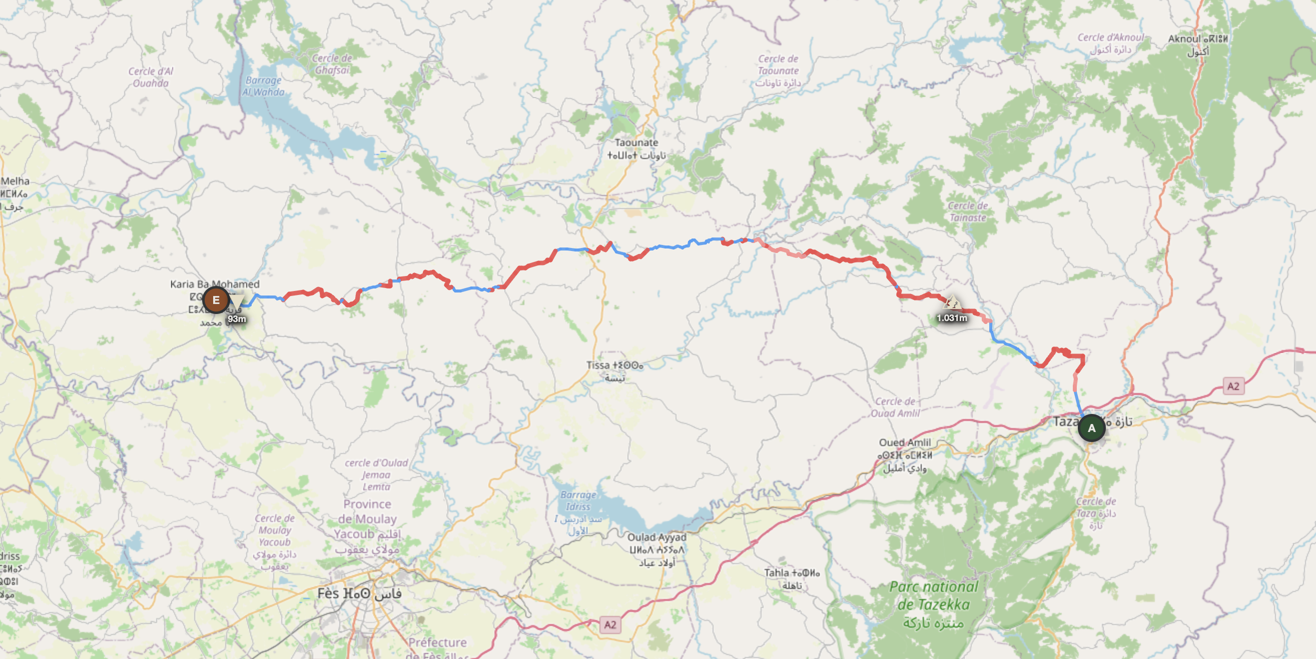 Middle Atlas offroad route map — Taza to Karia Ba Mohamed
