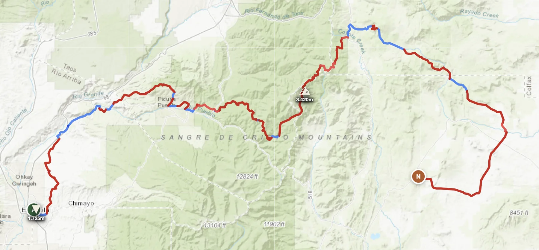 New Mexico offroad route map — Santa Fe County to Mora County across the Sangre de Cristo Mountains