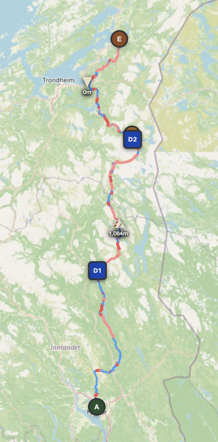 Norway 3-day offroad route map — Hamar to Verdalsøra through Innlandet to Trondheim