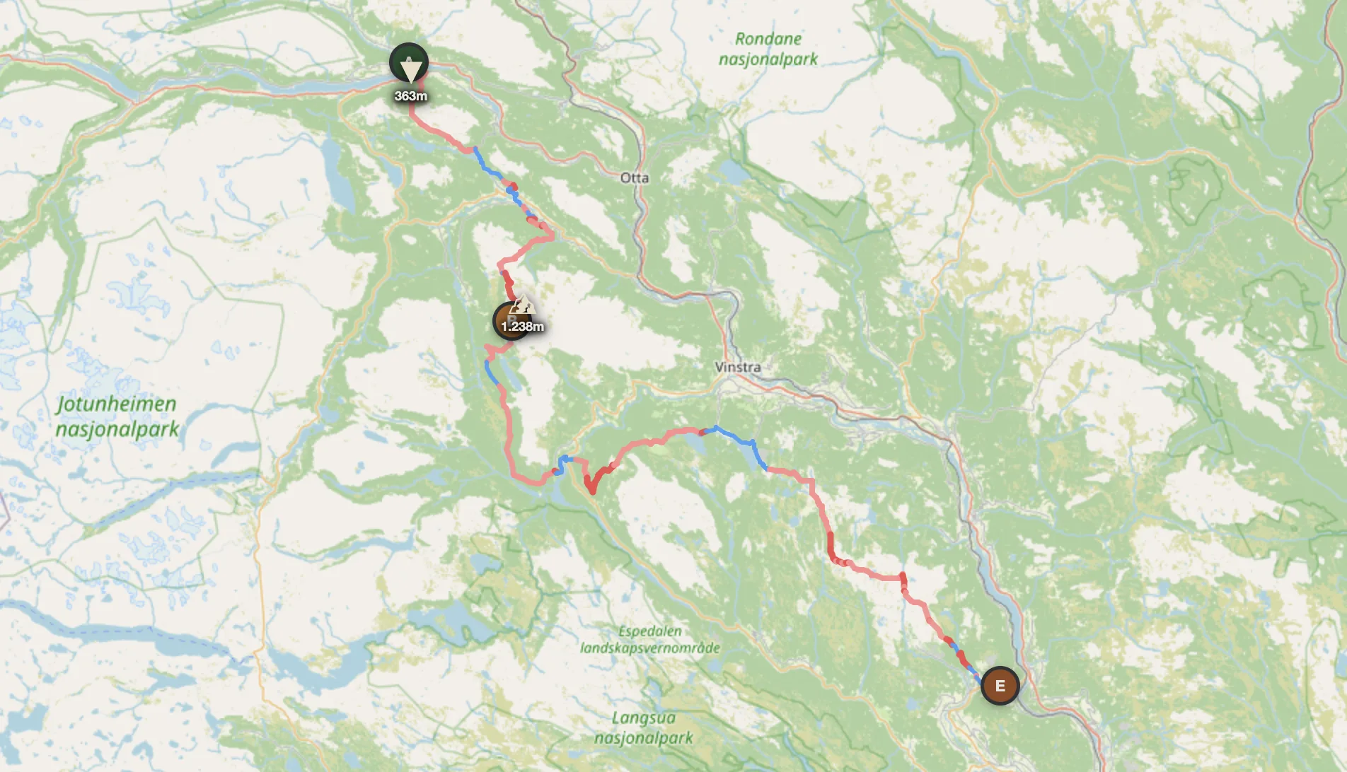Norway offroad route map — Vågåmo to Tretten through Jotunheimen