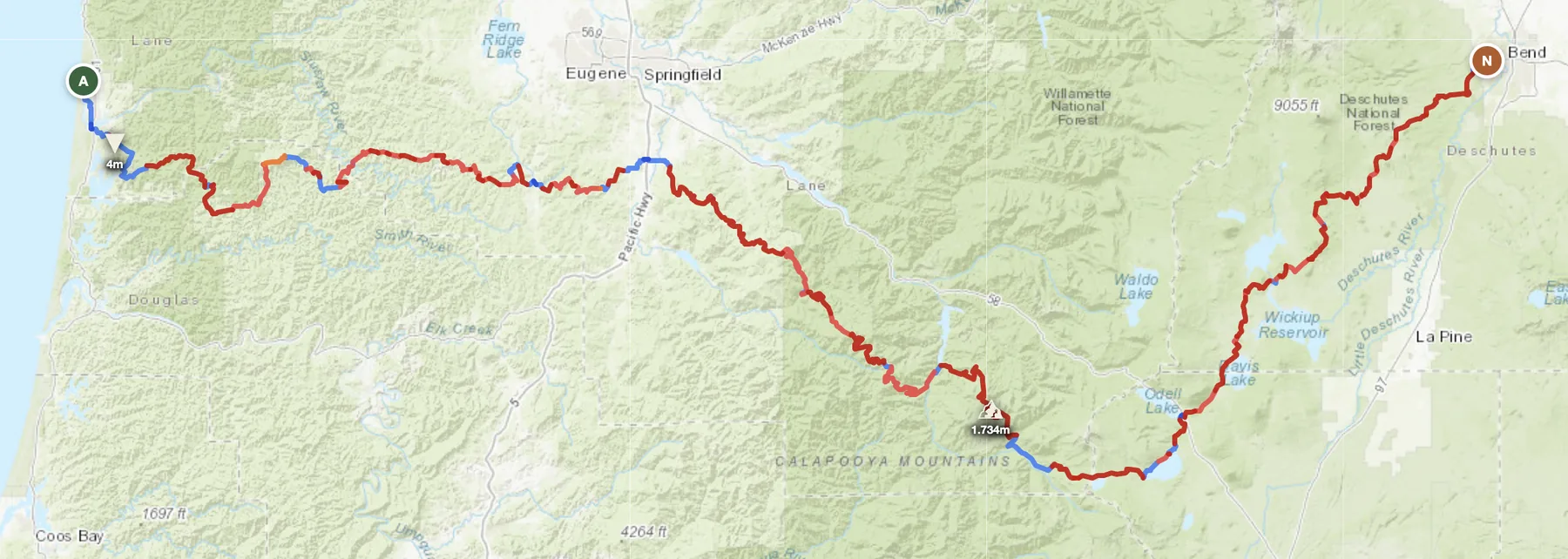 Oregon offroad motorcycle route map — Florence on the Pacific coast to Bend across the Coast Range and the Cascades
