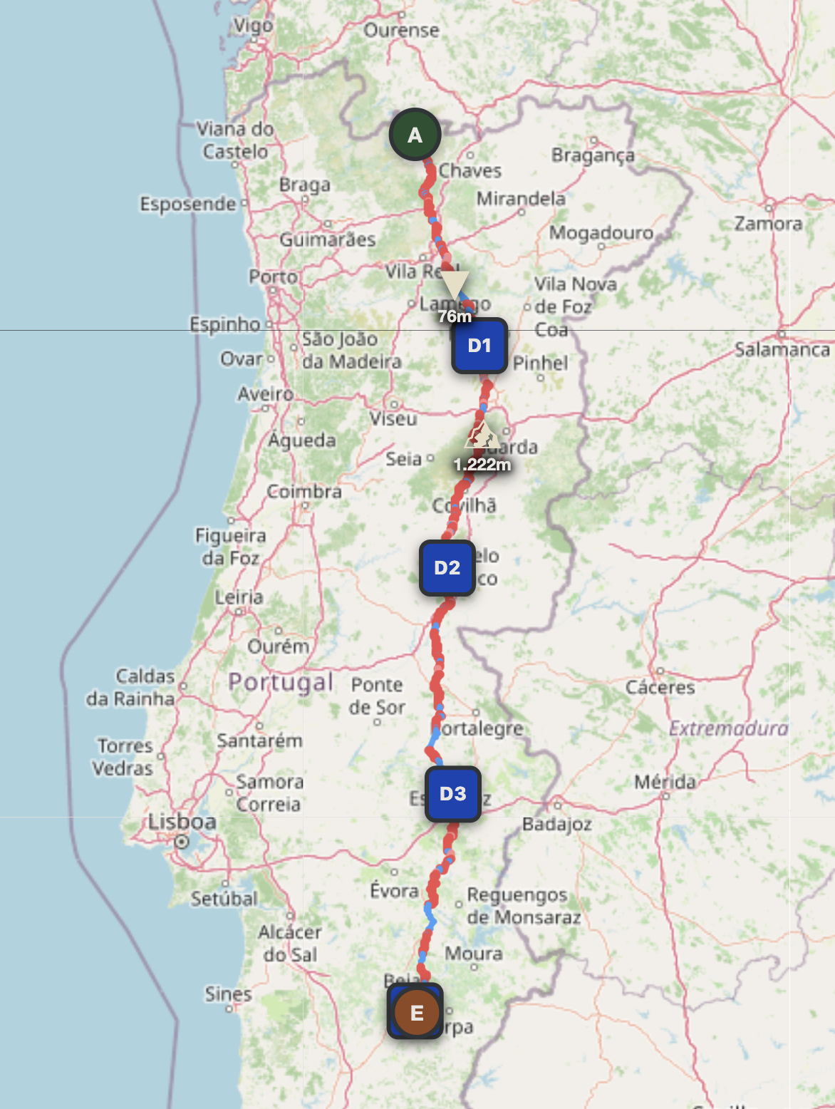 Portugal north to south 4-day route map — Montalegre to Beja through Serra da Estrela and Alentejo