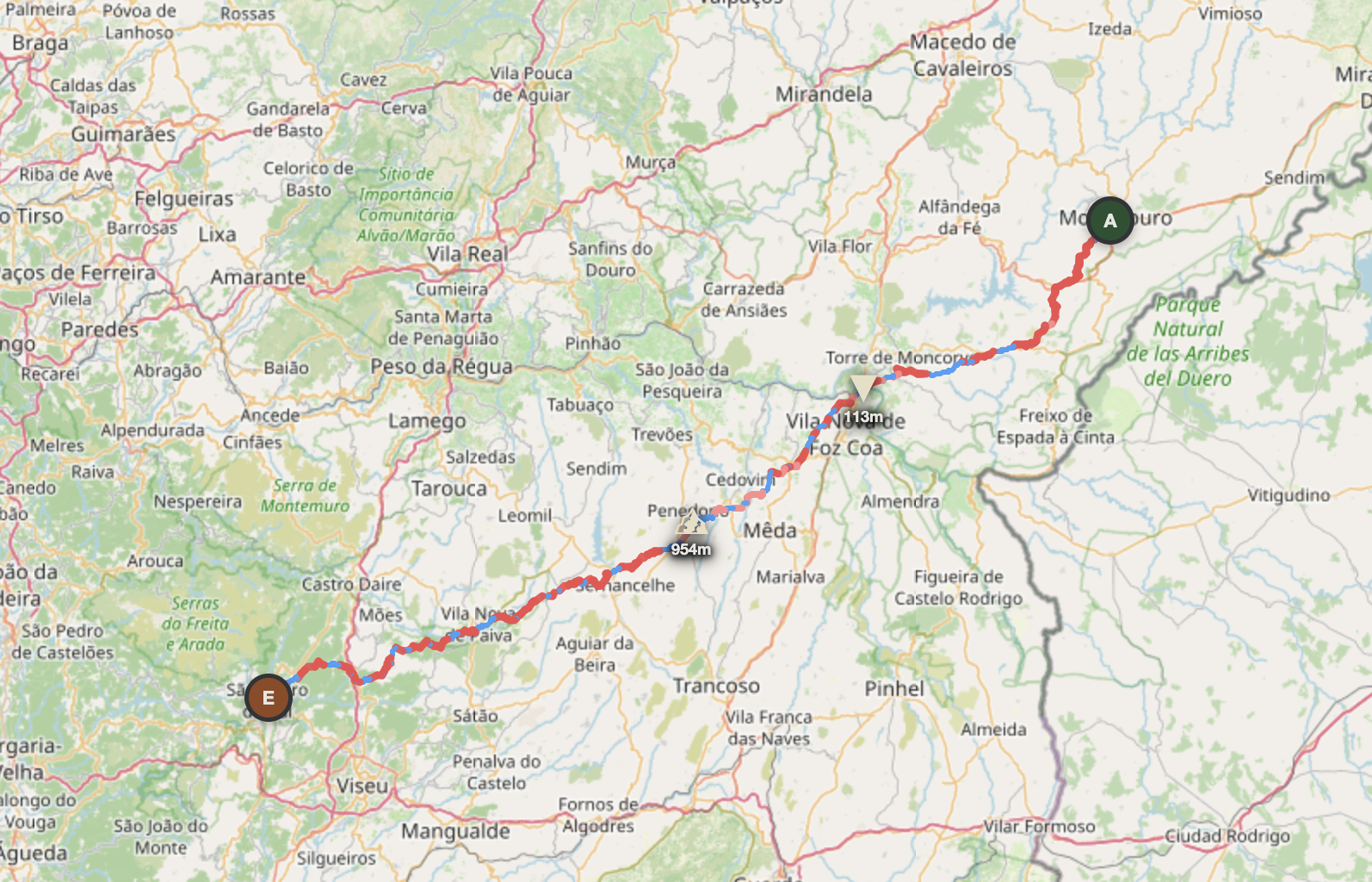 Portugal day route map — Mogadouro to São Pedro do Sul through Trás-os-Montes