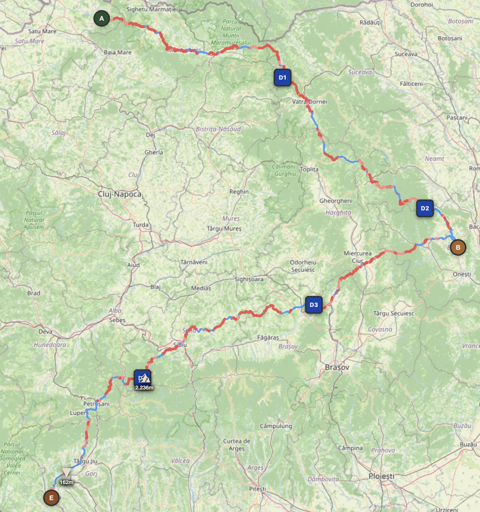 Romania 5-day offroad route map — Negrești-Oaș to Motru through Transylvania and Carpathians