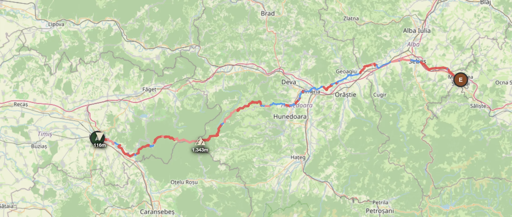 Romania offroad route map — Lugoj to Miercurea Sibiului through the Banat Carpathians