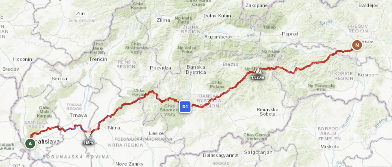 Slovakia west-to-east route map — Bratislava to Prešov across the full Carpathian arc, traversing the Malá Fatra, Veľká Fatra, Low Tatras and Slovak Ore Mountains